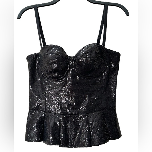 NWOT Bebe Sequin Black Corset Bustier Ruffle Peplum Top Sexy Holiday Size M - Picture 2 of 14